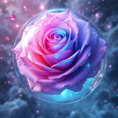 The primary subject of the image is a single purple rose. The rose is the focal point of the image, and it is surrounded by a blue background. The visual style of the image is a digital art, with the rose being the main object and the background being a digital creation. The colors and mood of the image are predominantly purple and blue, creating a serene and calming atmosphere.